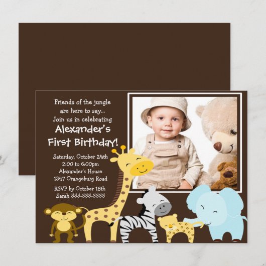 Cute Oerwoud Safari Photo Birthday Invitation Kaart (Voorkant / Achterkant)