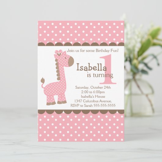 Cute Oerwoud Safari Roze Giraffe Birthday Party Kaart (Staand voorkant)