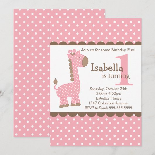 Cute Oerwoud Safari Roze Giraffe Birthday Party Kaart (Voorkant / Achterkant)