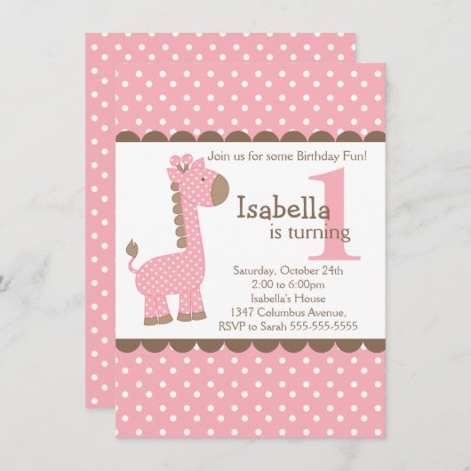 Cute Oerwoud Safari Roze Giraffe Birthday Party Kaart (Voorkant / Achterkant)