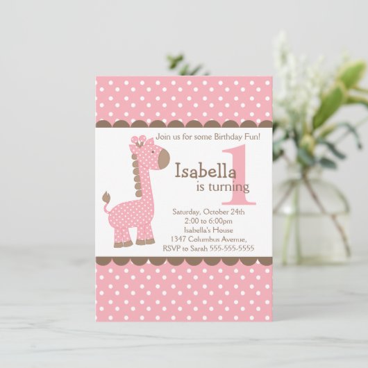 Cute Oerwoud Safari Roze Giraffe Birthday Party Kaart (Staand voorkant)