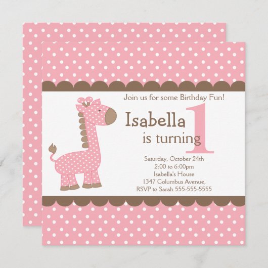 Cute Oerwoud Safari Roze Giraffe Birthday Party Kaart (Voorkant / Achterkant)