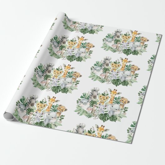 Cute Oerwoud Safari Wild Animals Tropical Greenery Cadeaupapier (Uitgerold)