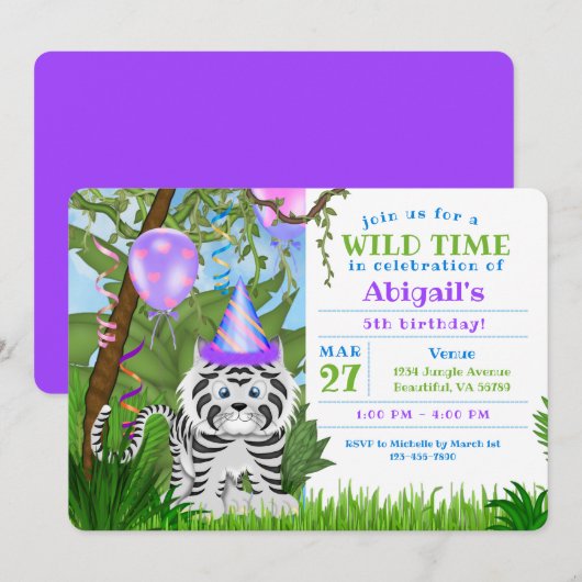 Cute Oerwoud White Tiger Kids Birthday Party Kaart (Voorkant / Achterkant)