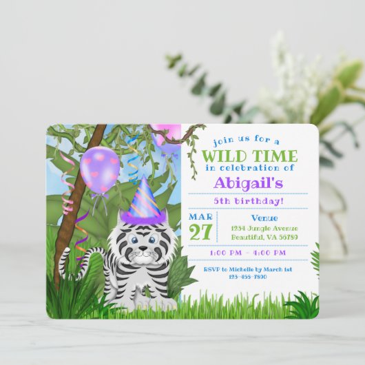 Cute Oerwoud White Tiger Kids Birthday Party Kaart (Staand voorkant)