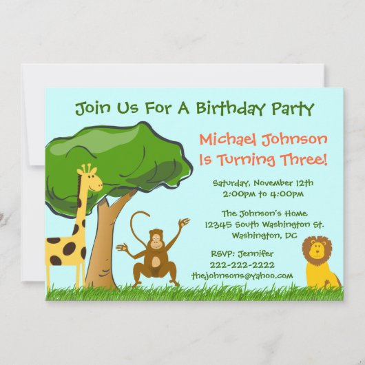 Cute Oerwoud Zoo Animals Grass Boy's Birthday Part Kaart (Voorkant)