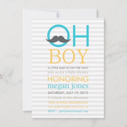 Cute Oh Boy Mustache Baby Shower Invitations Kaart (Voorkant)