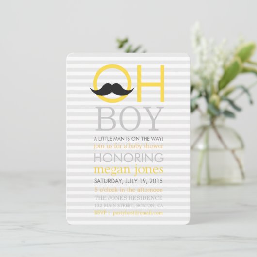 Cute Oh Boy Mustache Baby Shower Invitations Kaart (Staand voorkant)