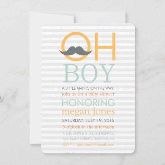 Cute Oh Boy Mustache Baby Shower Invitations Kaart (Voorkant)