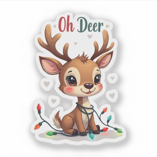 Cute “Oh Deer” Reindeer Christmas Sticker (Voorkant)