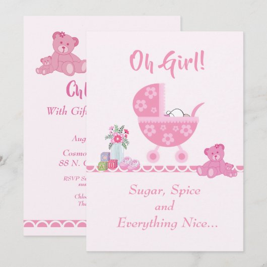 Cute "Oh Girl" Baby Carriage Baby shower Kaart (Voorkant / Achterkant)