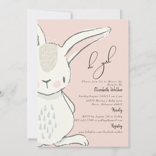Cute Oh Girl Cute Rabbit Pink Baby shower Kaart (Voorkant)