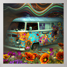 Cute old Combi van blauwe bloemen hippy time Poster