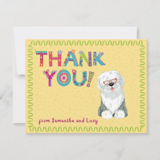 Cute Old English Sheepdog Fun Floral Letters    Bedankkaart (Voorkant)