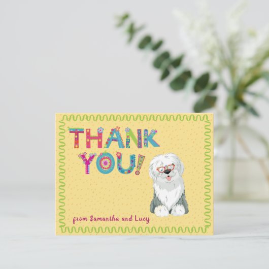Cute Old English Sheepdog Fun Floral Letters    Bedankkaart (Staand voorkant)