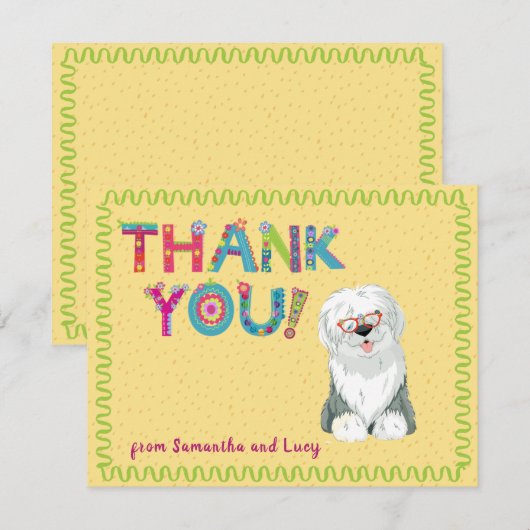 Cute Old English Sheepdog Fun Floral Letters    Bedankkaart (Voorkant / Achterkant)
