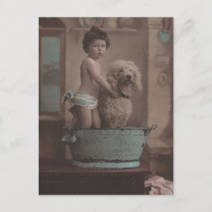 Cute Old Photo Little Kind met Dog in Bathtub Briefkaart