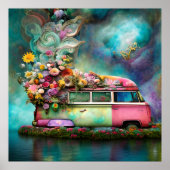Cute old rusty Combi van bloemen Lake 1970s hippy Poster (Voorkant)