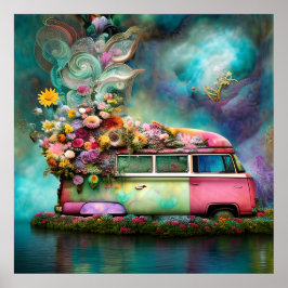 Cute old rusty Combi van bloemen Lake 1970s hippy Poster