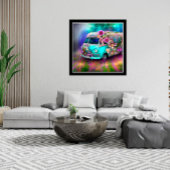 Cute old rusty Combi van bloemen Lake 1970s hippy Poster