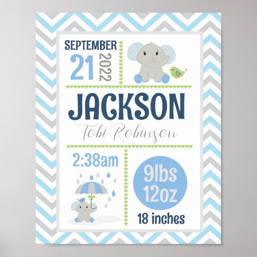 Cute Olifant Babykamer Baby Jongen Naam Geboorte S Poster (Voorkant)