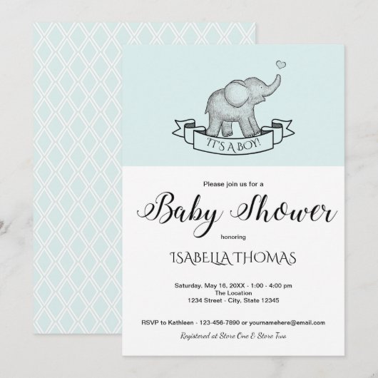 Cute Olifant Blauwe Baby Shower Uitnodiging (Voorkant / Achterkant)