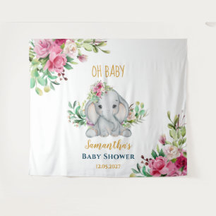 Cute Olifant Bloemen Baby Shower Foto Achtergrond Wandkleed