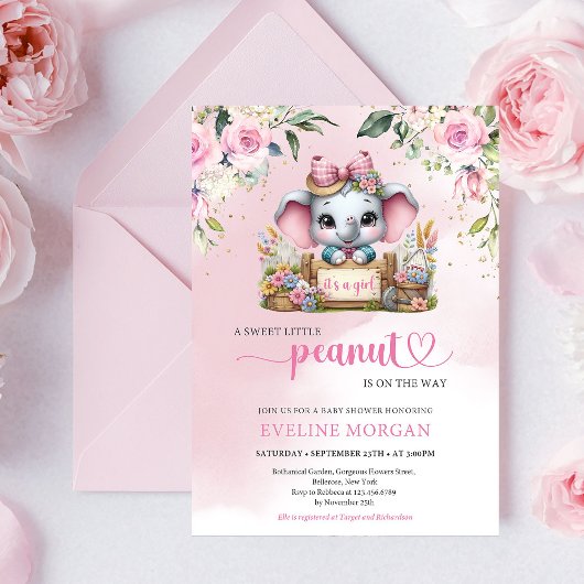 Cute olifant bloemig meisje babyshower uitnodiging