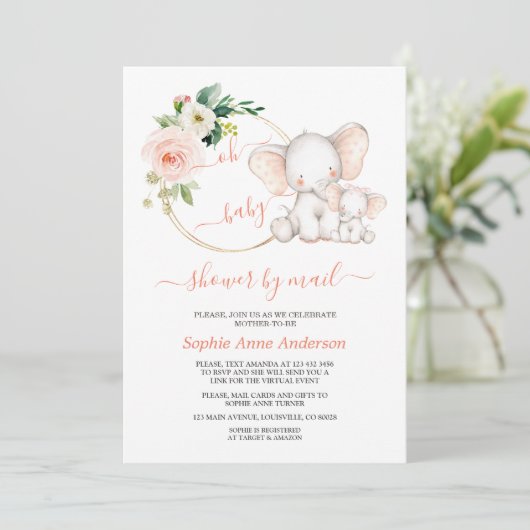 Cute Olifant Bloemige Virtuele Baby Shower Per Pos Kaart (Staand voorkant)