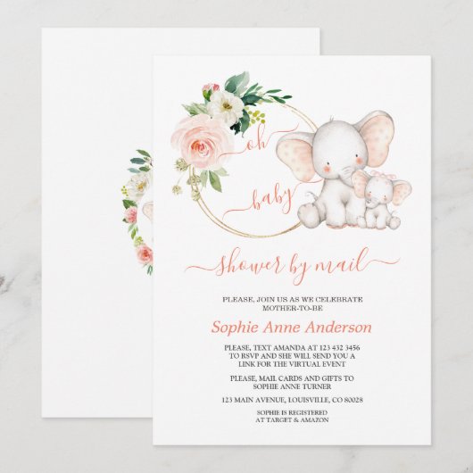 Cute Olifant Bloemige Virtuele Baby Shower Per Pos Kaart (Voorkant / Achterkant)