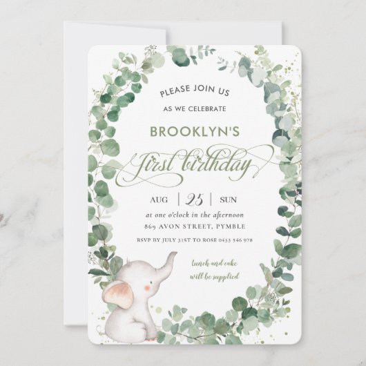 Cute Olifant Chic Groenelementen 1e Eerste Verjaar Kaart (Voorkant)