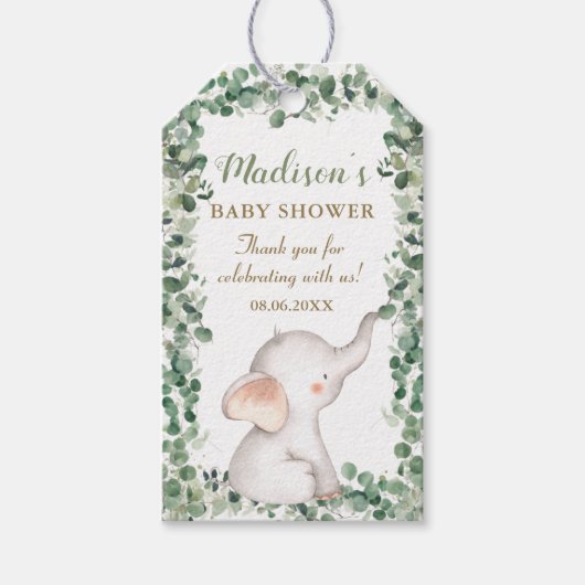 Cute Olifant Groene Kleur Geslacht Neutrale Baby S Cadeaulabel (Voorkant)