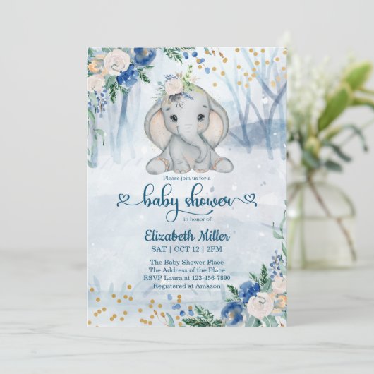 Cute Olifant In De Winter Bos Baby Shower Kaart (Staand voorkant)