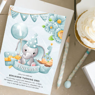 Cute Olifant Jongen 1e Verjaardagsfeestje Kaart