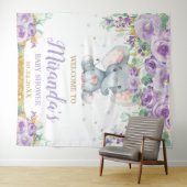 Cute Olifant Paarse Bloemachtige Baby Shower Welko Wandkleed (In Situ (horizontaal))