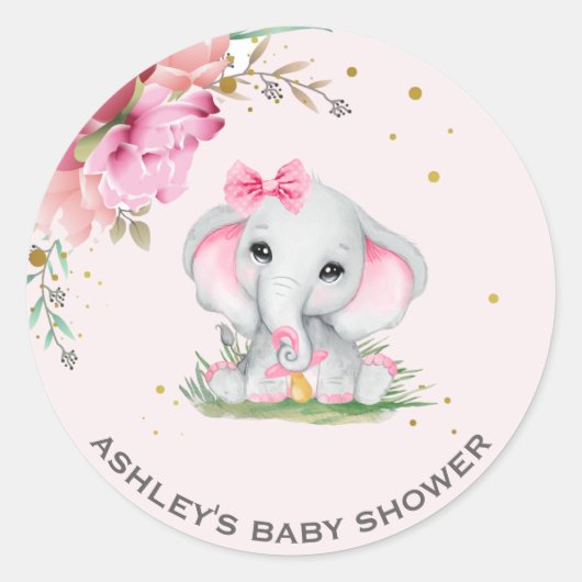 Cute Olifant Roze Bloemige Baby Shower Ronde Sticker (Voorkant)
