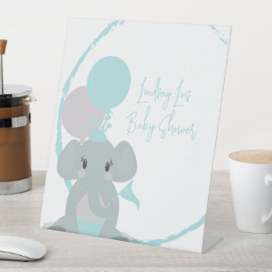 Cute Olifant Script Ballon Pastel Baby Shower Reclamebord Met Voetstuk