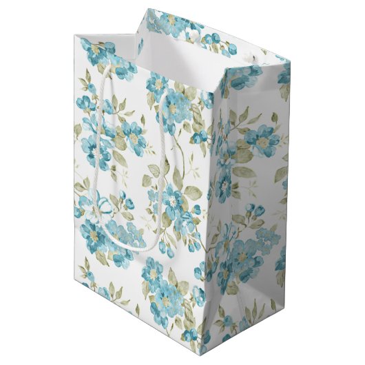 Cute Olive Green Aqua Turquoise Floral Waterverf Medium Cadeauzakje (Voorkant Gekanteld)