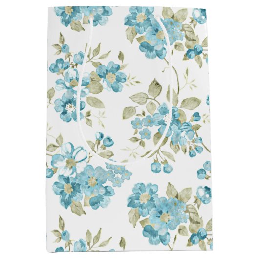 Cute Olive Green Aqua Turquoise Floral Waterverf Medium Cadeauzakje (Voorkant)