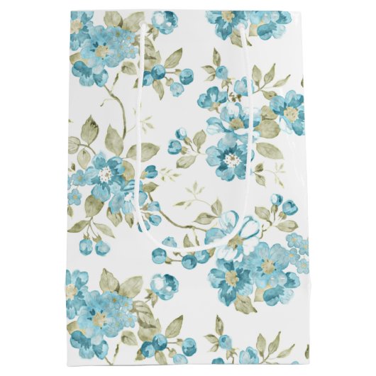 Cute Olive Green Aqua Turquoise Floral Waterverf Medium Cadeauzakje (Achterkant)