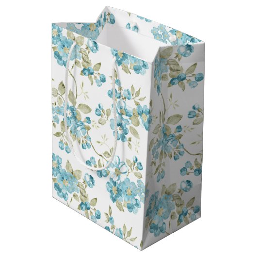 Cute Olive Green Aqua Turquoise Floral Waterverf Medium Cadeauzakje (Achterkant Gekanteld)