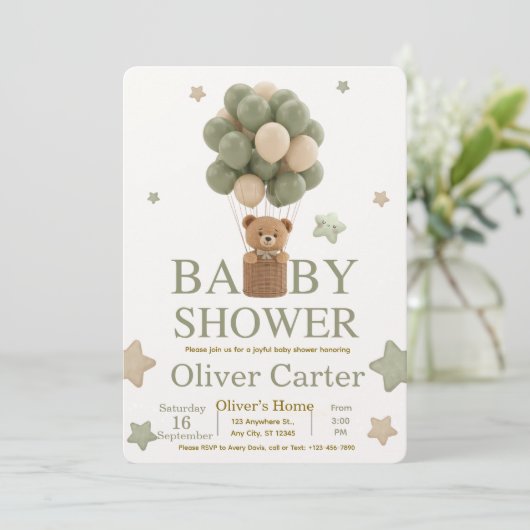 Cute Olive Green Boy Baby Shower Invitation Kaart (Staand voorkant)
