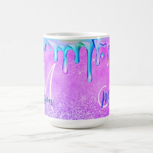 Cute ombre paars roze glitter unicorn monogram koffiemok (Center)