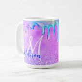 Cute ombre paars roze glitter unicorn monogram koffiemok (Voorkant links)