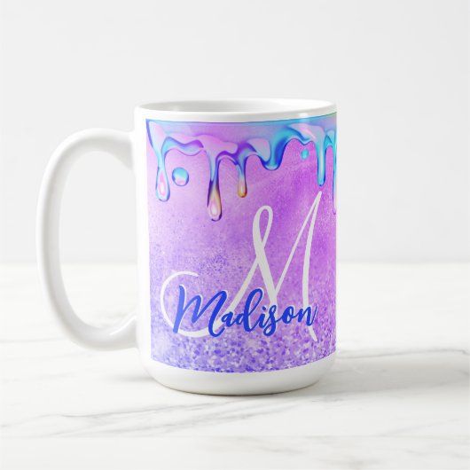 Cute ombre paars roze glitter unicorn monogram koffiemok (Links)