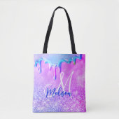 Cute ombre paars roze glitter unicorn monogram tote bag (Voorkant)