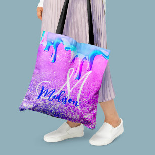 Cute ombre paars roze glitter unicorn monogram tote bag