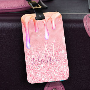 Cute ombre roos gold faux glitter dript monogram bagagelabel