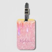 Cute ombre roos gold faux glitter dript monogram bagagelabel (Voorkant (verticaal))