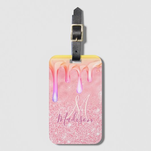 Cute ombre roos gold faux glitter dript monogram bagagelabel (Voorkant (verticaal))